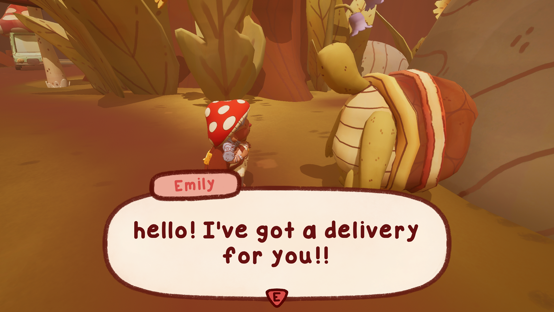 A mushroom wearing character speaks to a turtle in a forest with the text saying hello I've got a delivery for you!!!