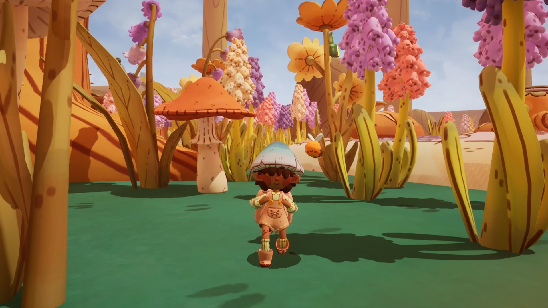 A small mushroom hat wearing mail carrier explores a forest floor from the perspective of a smaller creature with flowers towering above