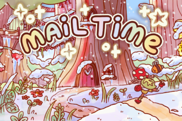 snow covered forest showing the Mail Time logo and the game's protagonist in a soft pastel art style