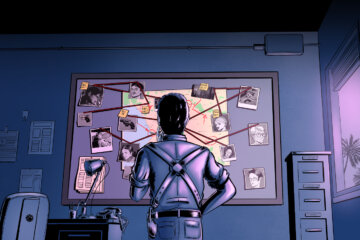 Detective looks at a cork board that has a map and photographs connected with yarn.